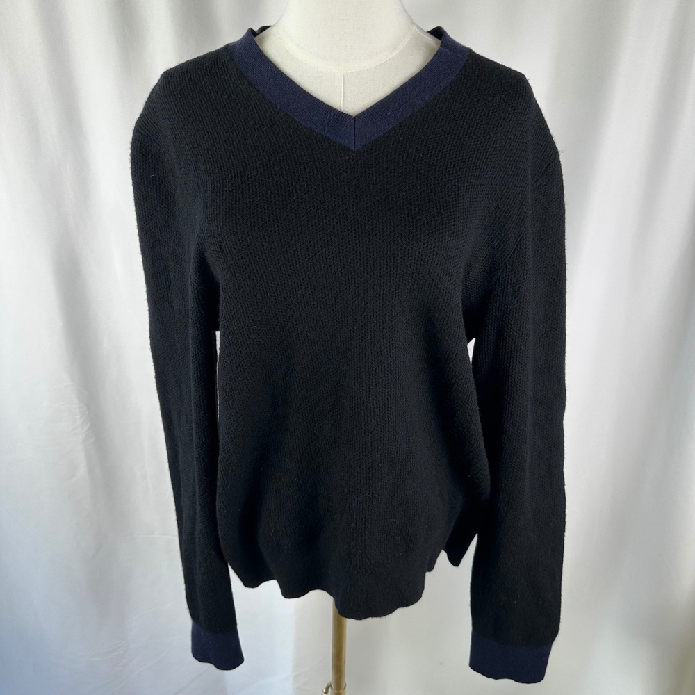 Chanel Uniform Sweater Womens M Black Wool Blue Trim V Neck Pullover Logo 18A